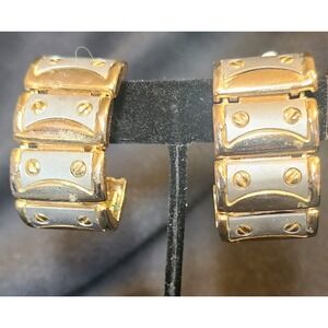 VTG Two Tone Gold Silver Industrial Screw Detail Chunky Clip Ons J-Hoop Earrings